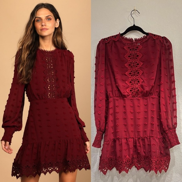 Lulus Dresses & Skirts - Size XS Lulus Lust or Love Wine Red‎ Embroidered Lace Long Sleeve Dress